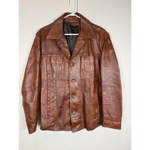 Vintage Reed Sportswear Leather Car Coat Men’s 42 Brown Button Overcoat Jacket